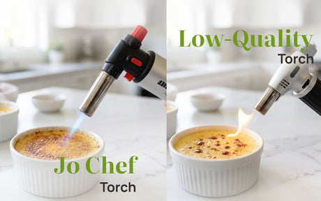 A Jo Chef torch with a steady blue flame next to a low-quality torch with a yellow flame, each over a crème brûlée